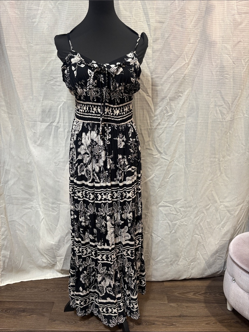 Black & White Floral Maxi Dress with Smocked Waist